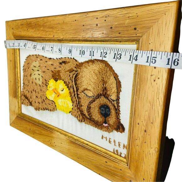 Embroidered Puppy Chicks Framed Art Vintage 1987 Handmade Crewel Dog Bird Retro - Picture 9 of 16